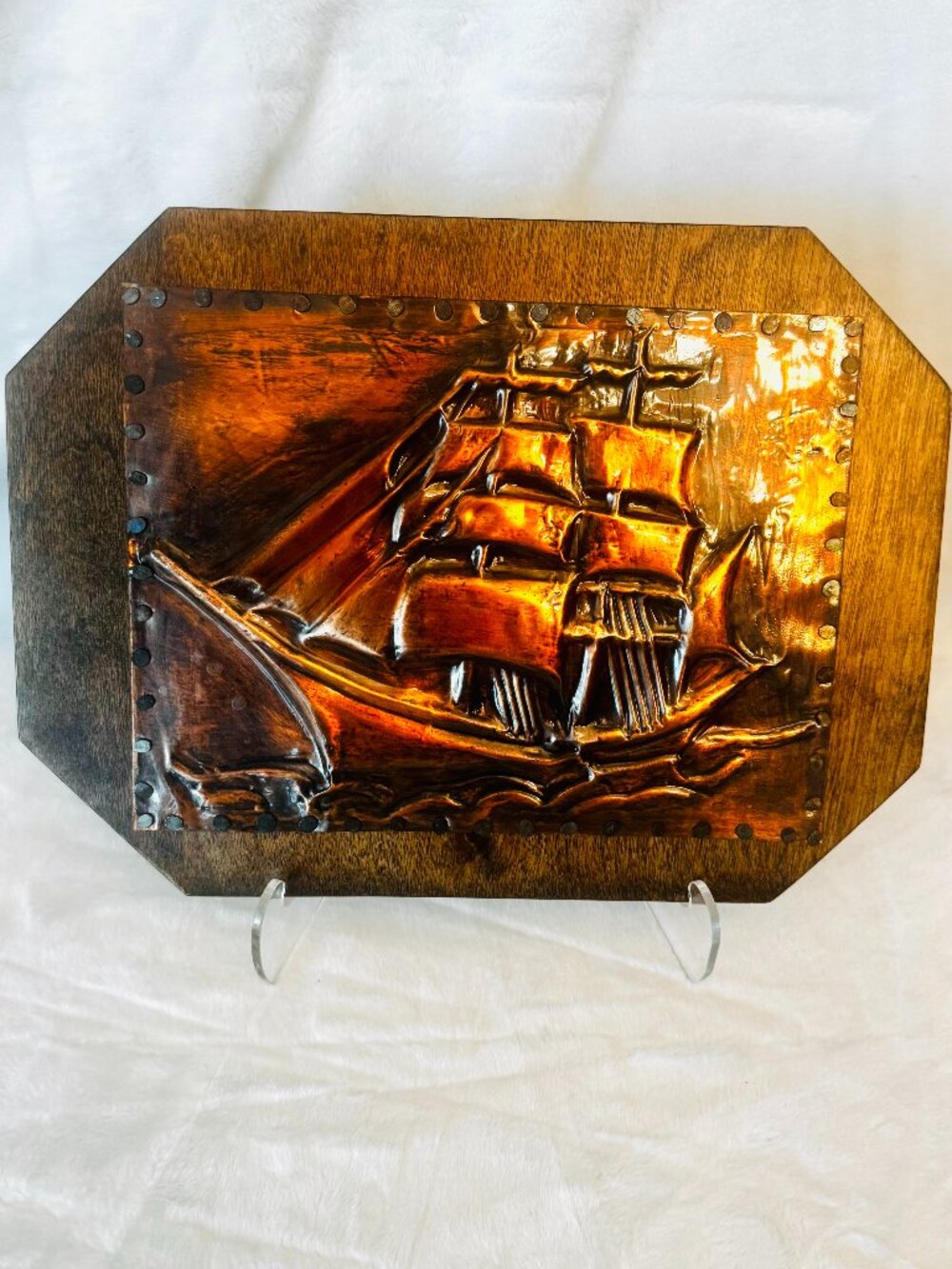 Vtg Wood Hammered Copper Relief Art Octagonal Wall Plaque 3 Masted Sailing Ship